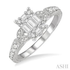 1/2 Ctw Carved Shank Fusion Baguette and Round Cut Diamond Engagement Ring in 14K White Gold