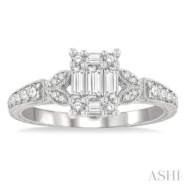 1/2 Ctw Carved Shank Fusion Baguette and Round Cut Diamond Engagement Ring in 14K White Gold
