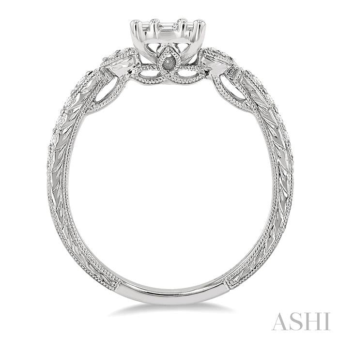 1/2 Ctw Carved Shank Fusion Baguette and Round Cut Diamond Engagement Ring in 14K White Gold