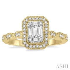 3/8 Ctw Emerald Shape Round Cut and Baguette Diamond Fusion Engagement Ring in 14K Yellow and White Gold