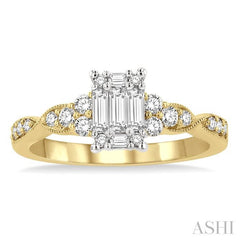 1/2 Ctw Criss Cross Shank Fusion Baguette and Round Cut Diamond Engagement Ring in 14K Yellow and White Gold
