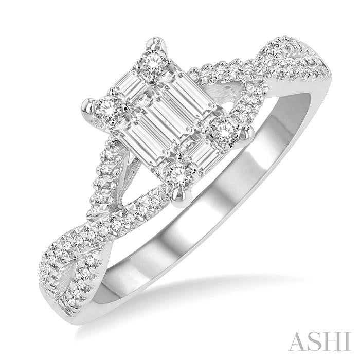 1/2 Ctw Split Criss Cross Shank Fusion Baguette and Round Cut Diamond Engagement Ring in 14K White Gold