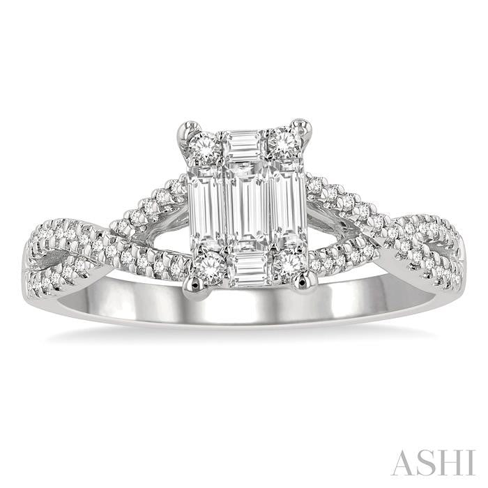1/2 Ctw Split Criss Cross Shank Fusion Baguette and Round Cut Diamond Engagement Ring in 14K White Gold