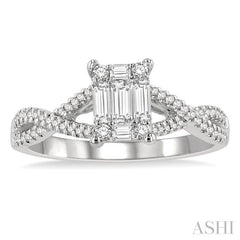1/2 Ctw Split Criss Cross Shank Fusion Baguette and Round Cut Diamond Engagement Ring in 14K White Gold