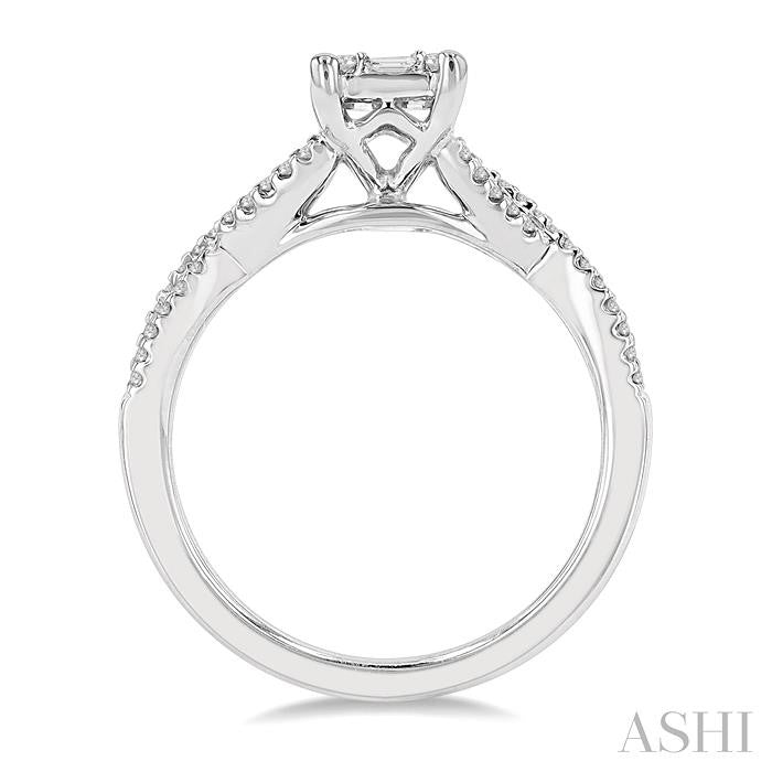 1/2 Ctw Split Criss Cross Shank Fusion Baguette and Round Cut Diamond Engagement Ring in 14K White Gold