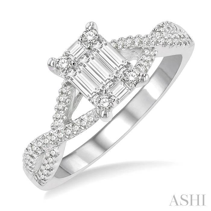 1/2 Ctw Split Criss Cross Shank Fusion Baguette and Round Cut Diamond Engagement Ring in 14K White Gold