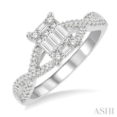 1/2 Ctw Split Criss Cross Shank Fusion Baguette and Round Cut Diamond Engagement Ring in 14K White Gold