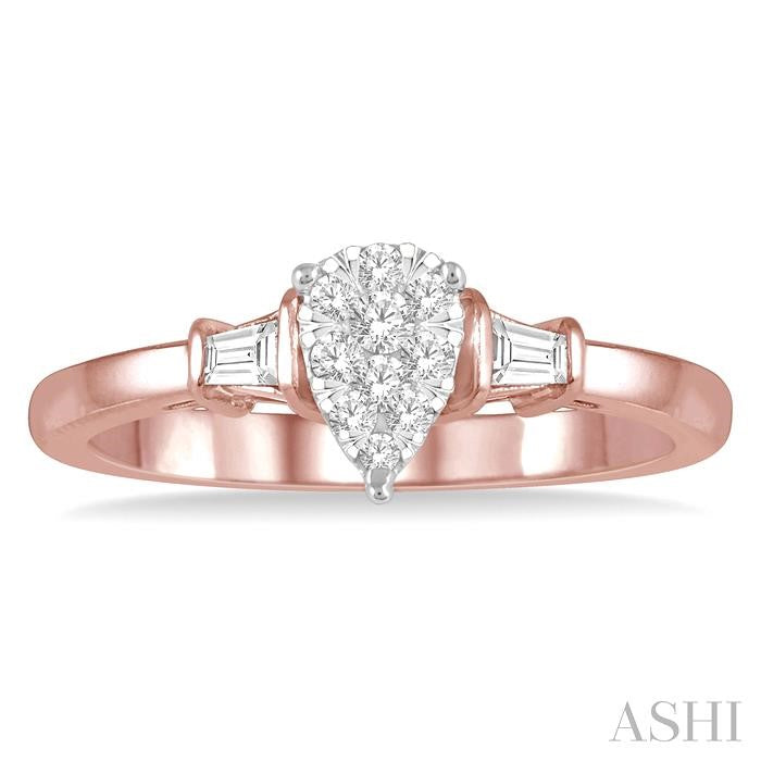 1/5 Ctw Pear Shape Round Cut & Baguette Diamond Lovebright Engagement Ring in 14K Rose and White Gold