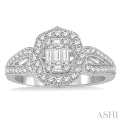 3/4 Ctw Curved Octagonal Center Mount Round Cut and Baguette Diamond Ring in 14K White Gold