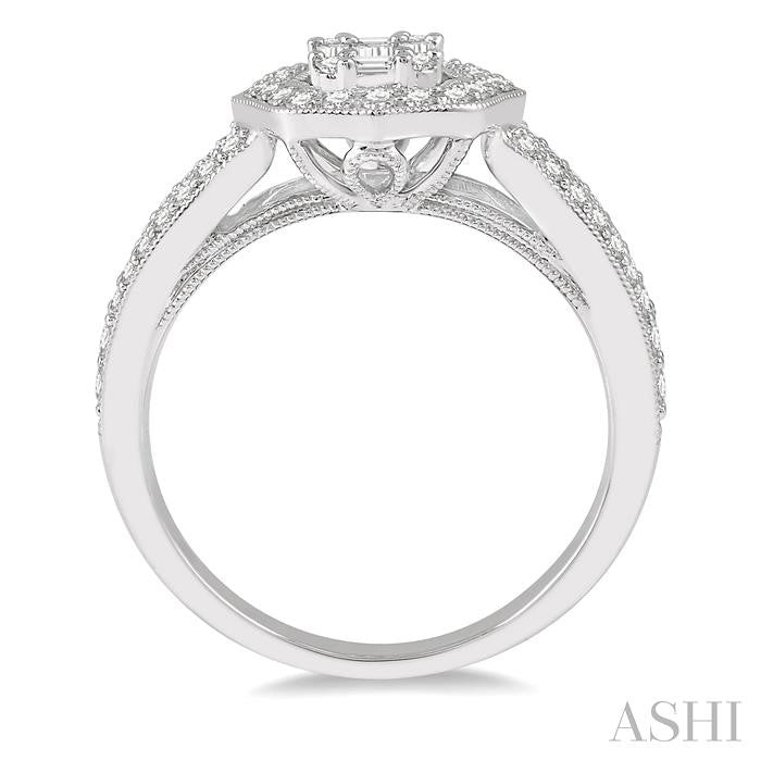 3/4 Ctw Curved Octagonal Center Mount Round Cut and Baguette Diamond Ring in 14K White Gold