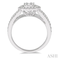 3/4 Ctw Curved Octagonal Center Mount Round Cut and Baguette Diamond Ring in 14K White Gold