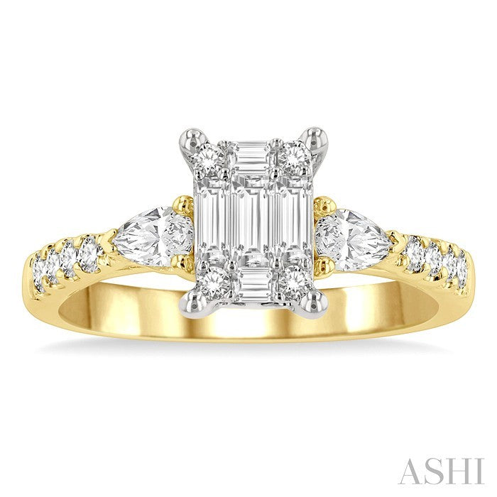3/4 Ctw Emerald Shape Baguette, Pear and Round Cut Diamond Fusion Engagement Ring in 14K Yellow and White Gold