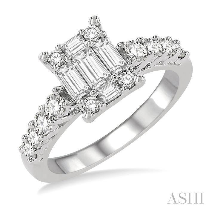 1 Ctw Fusion Baguette and Round Cut Diamond Engagement Ring in 14K White Gold