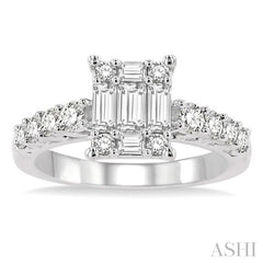 1 Ctw Fusion Baguette and Round Cut Diamond Engagement Ring in 14K White Gold
