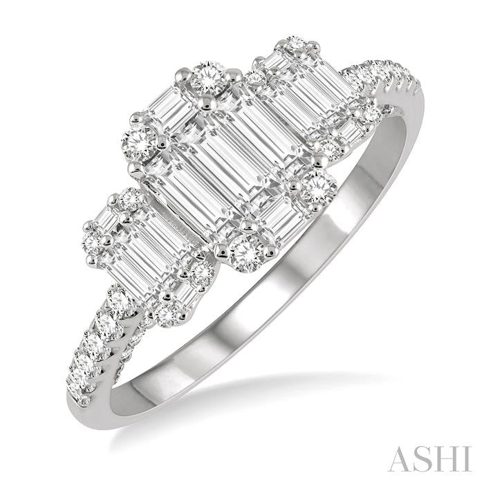 7/8 Ctw Tri-Mount Fusion Baguette and Round Cut Diamond Engagement Ring in 14K White Gold