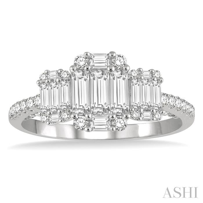 7/8 Ctw Tri-Mount Fusion Baguette and Round Cut Diamond Engagement Ring in 14K White Gold