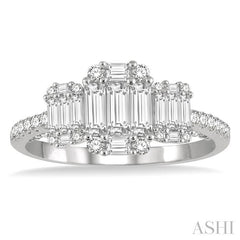 7/8 Ctw Tri-Mount Fusion Baguette and Round Cut Diamond Engagement Ring in 14K White Gold