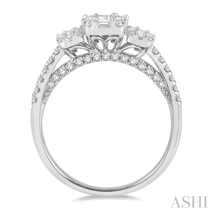 7/8 Ctw Tri-Mount Fusion Baguette and Round Cut Diamond Engagement Ring in 14K White Gold
