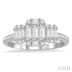 7/8 Ctw Tri-Mount Fusion Baguette and Round Cut Diamond Engagement Ring in 14K White Gold