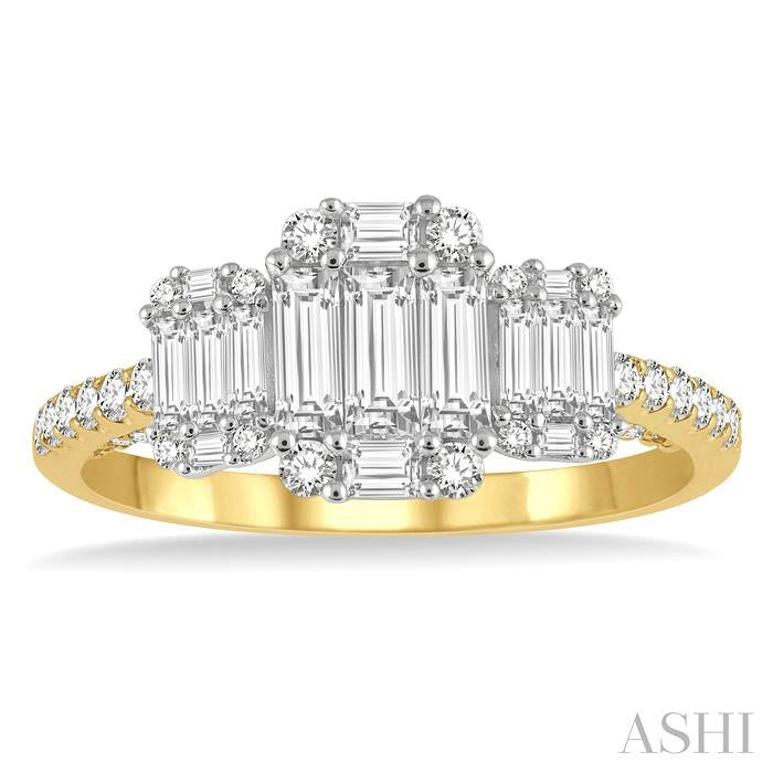 7/8 Ctw Tri-Mount Fusion Baguette and Round Cut Diamond Engagement Ring in 14K Yellow and White Gold