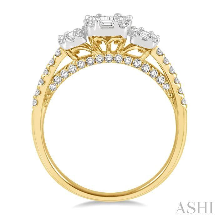 7/8 Ctw Tri-Mount Fusion Baguette and Round Cut Diamond Engagement Ring in 14K Yellow and White Gold
