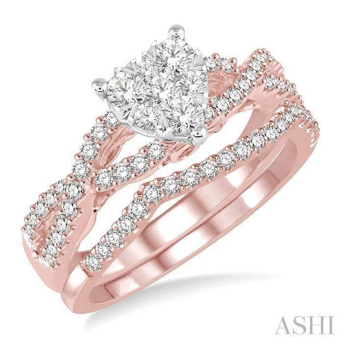 7/8 Ctw Diamond Lovebright Wedding Set with 3/4 Ctw Heart Shape Engagement Ring in Rose & White Gold and 1/6 Ctw Wedding Band in Rose Gold 14K