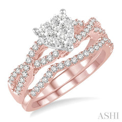 7/8 Ctw Diamond Lovebright Wedding Set with 3/4 Ctw Heart Shape Engagement Ring in Rose & White Gold and 1/6 Ctw Wedding Band in Rose Gold 14K
