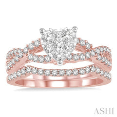7/8 Ctw Diamond Lovebright Wedding Set with 3/4 Ctw Heart Shape Engagement Ring in Rose & White Gold and 1/6 Ctw Wedding Band in Rose Gold 14K