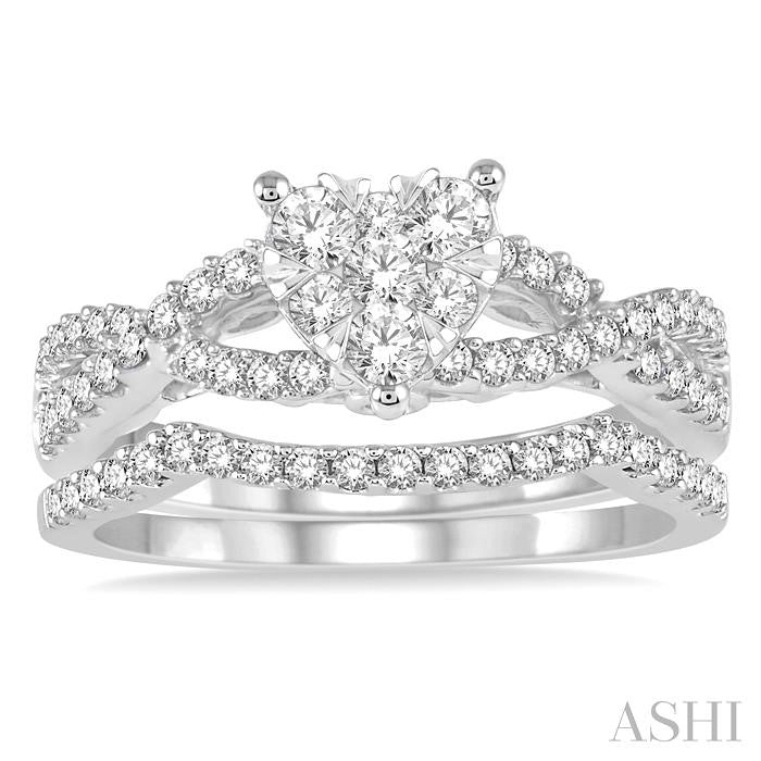 7/8 Ctw Diamond Lovebright Wedding Set with 3/4 Ctw Heart Shape Engagement Ring and 1/6 Ctw Wedding Band in 14K White Gold