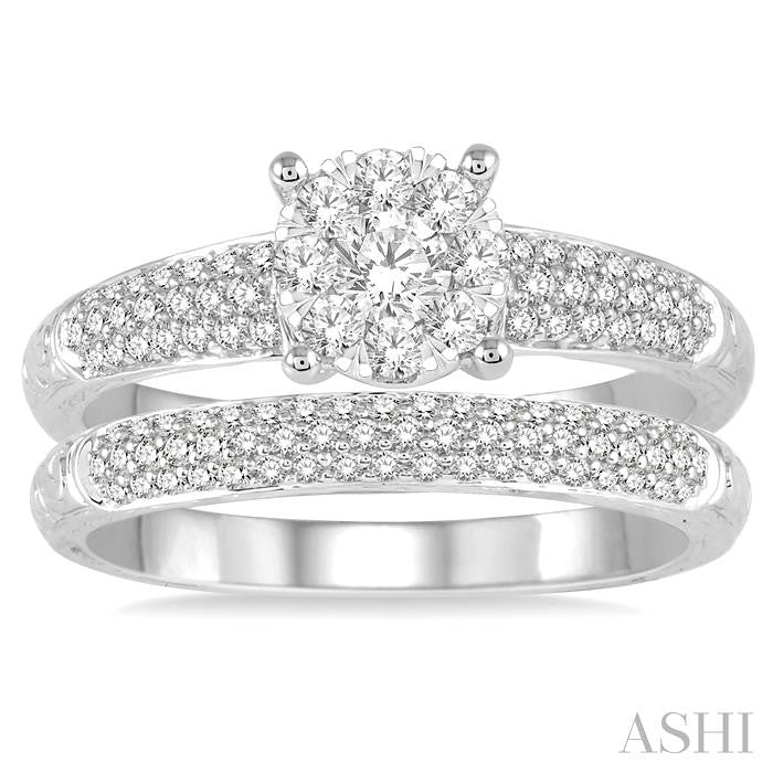 5/8 Ctw Round Cut Diamond Lovebright Wedding Set with 1/2 Ctw Engagement Ring and 1/5 Ctw Wedding Band in 14K White Gold