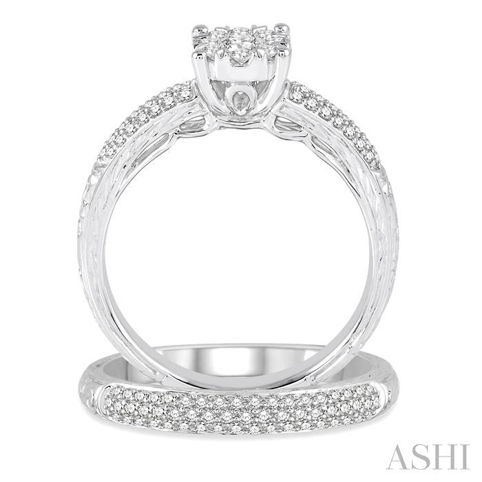 5/8 Ctw Round Cut Diamond Lovebright Wedding Set with 1/2 Ctw Engagement Ring and 1/5 Ctw Wedding Band in 14K White Gold