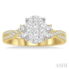 3/4 Ctw Oval Shape Center Criss Cross Shank Lovebright Round Cut Diamond Engagement Ring in 14K Yellow and White gold