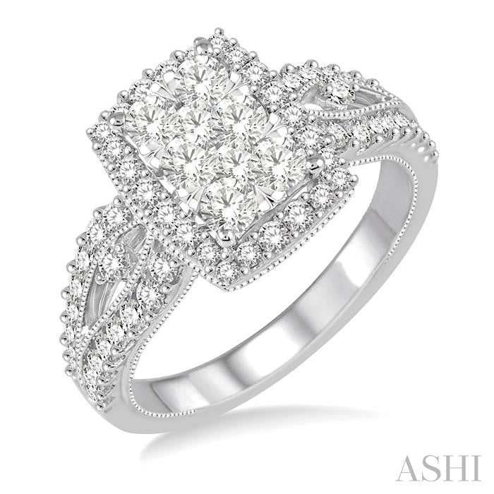 1 Ctw Round Cut Diamond Octagon Shape Lovebright Ring in 14K White Gold