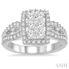 1 Ctw Round Cut Diamond Octagon Shape Lovebright Ring in 14K White Gold
