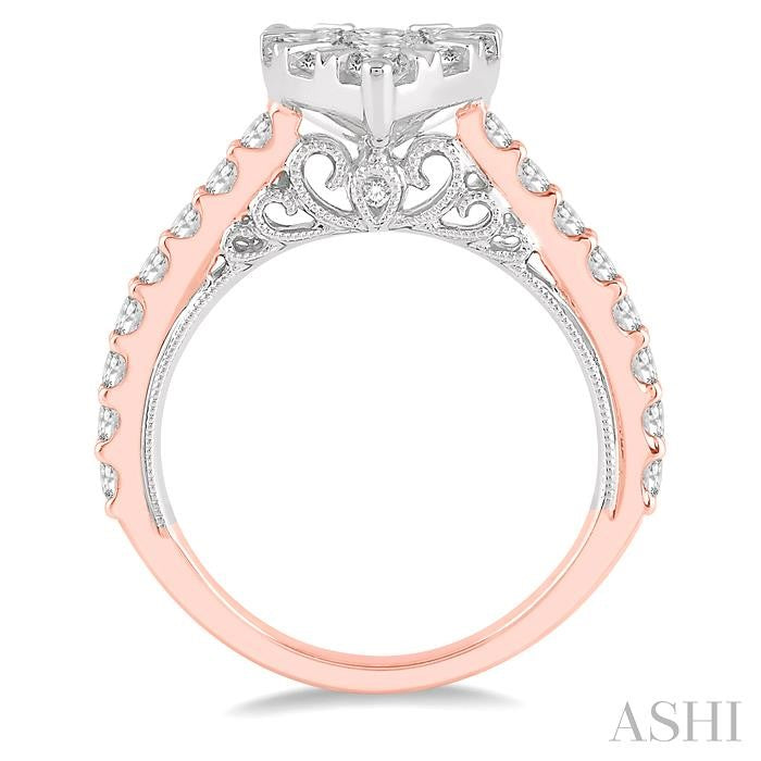 1 1/2 Ctw Pear Shape Round Cut Diamond Lovebright Ring in 14K Rose and White Gold