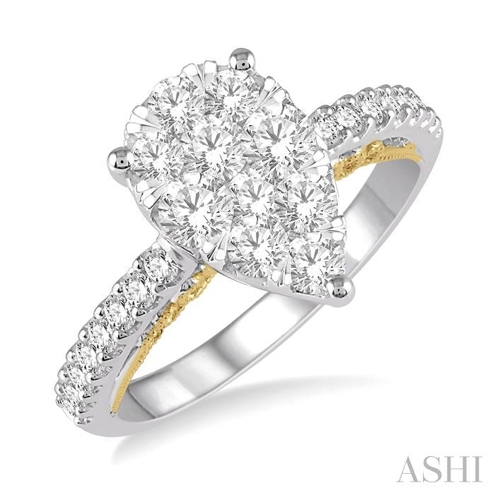 1 1/10 Ctw Round Diamond Lovebright Pear Shape Vintage-Inspired Engagement Ring in 14K White and Yellow Gold