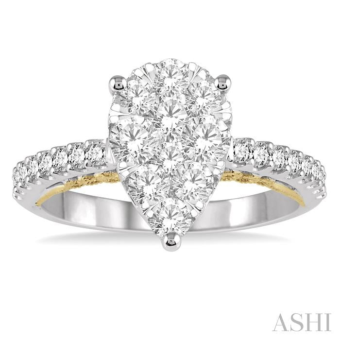 1 1/10 Ctw Round Diamond Lovebright Pear Shape Vintage-Inspired Engagement Ring in 14K White and Yellow Gold