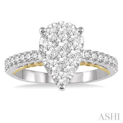1 1/10 Ctw Round Diamond Lovebright Pear Shape Vintage-Inspired Engagement Ring in 14K White and Yellow Gold
