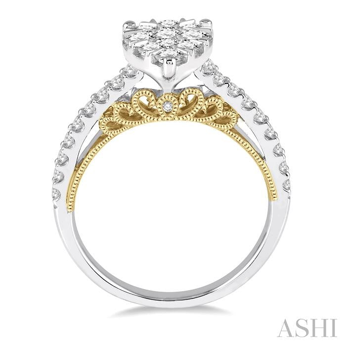 1 1/10 Ctw Round Diamond Lovebright Pear Shape Vintage-Inspired Engagement Ring in 14K White and Yellow Gold