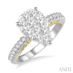 1 1/2 Ctw Pear Shape Round Cut Diamond Lovebright Ring in 14K White and Yellow Gold