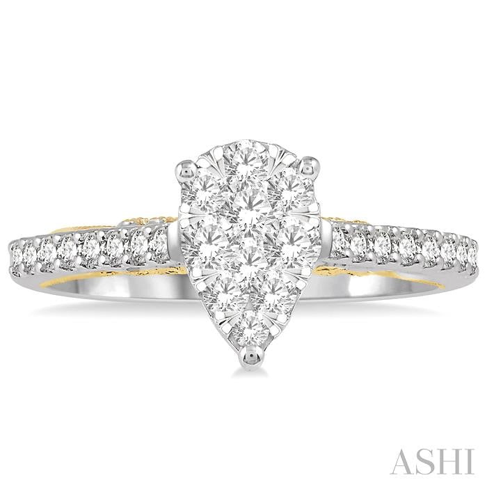 3/4 Ctw Pear Shape Round Cut Diamond Lovebright Ring in 14K White and Yellow Gold
