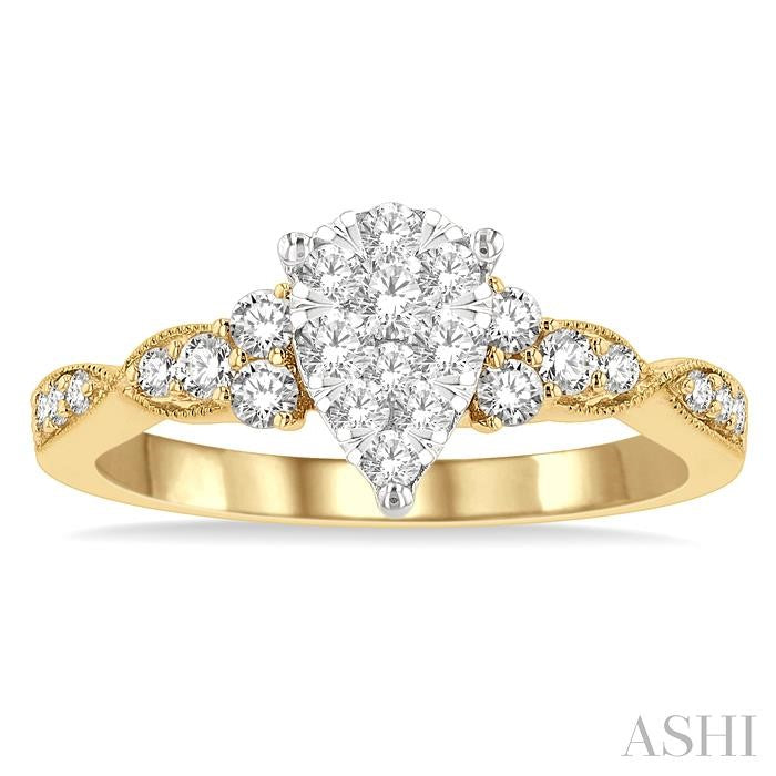 1/2 Ctw Pear Shape Center Criss Cross Carved Shank Lovebright Round Cut Diamond Engagement Ring in 14K Yellow and White gold
