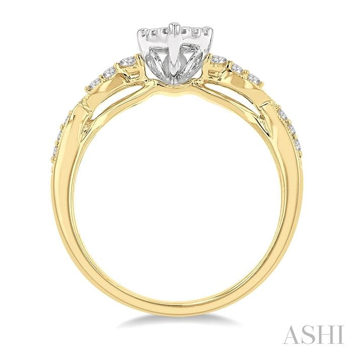 1/2 Ctw Pear Shape Center Criss Cross Carved Shank Lovebright Round Cut Diamond Engagement Ring in 14K Yellow and White gold