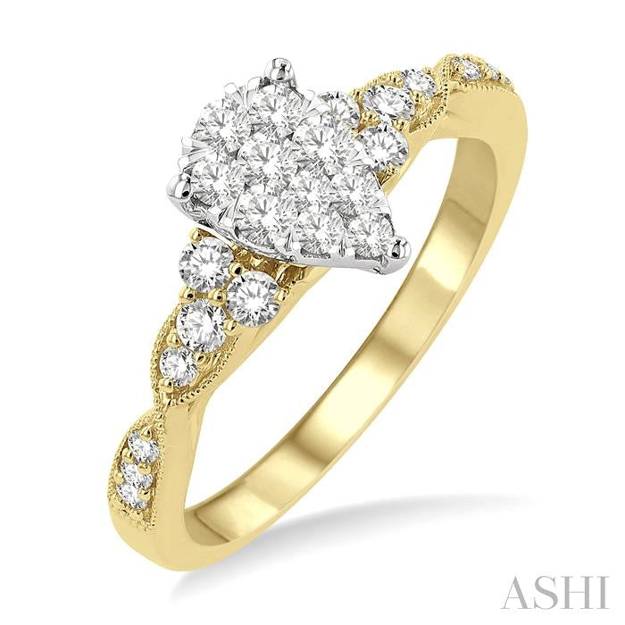 1/2 Ctw Pear Shape Center Criss Cross Carved Shank Lovebright Round Cut Diamond Engagement Ring in 14K Yellow and White Gold