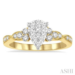 1/2 Ctw Pear Shape Center Criss Cross Carved Shank Lovebright Round Cut Diamond Engagement Ring in 14K Yellow and White Gold