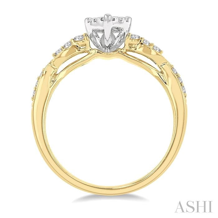 1/2 Ctw Pear Shape Center Criss Cross Carved Shank Lovebright Round Cut Diamond Engagement Ring in 14K Yellow and White Gold