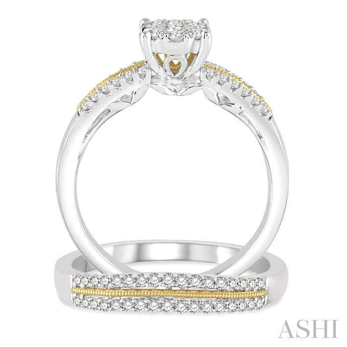1/2 Ctw Round Cut Diamond Lovebright Wedding Set with 3/8 Ctw Engagement Ring and 1/6 Ctw Wedding Band in 14K White and Yellow Gold