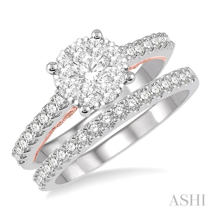1 Ctw Lovebright Diamond Wedding Set in 14K With 3/4 Ctw Round Shape Engagement Ring in White and Rose Gold and 1/4 Ctw Wedding Band in White Gold