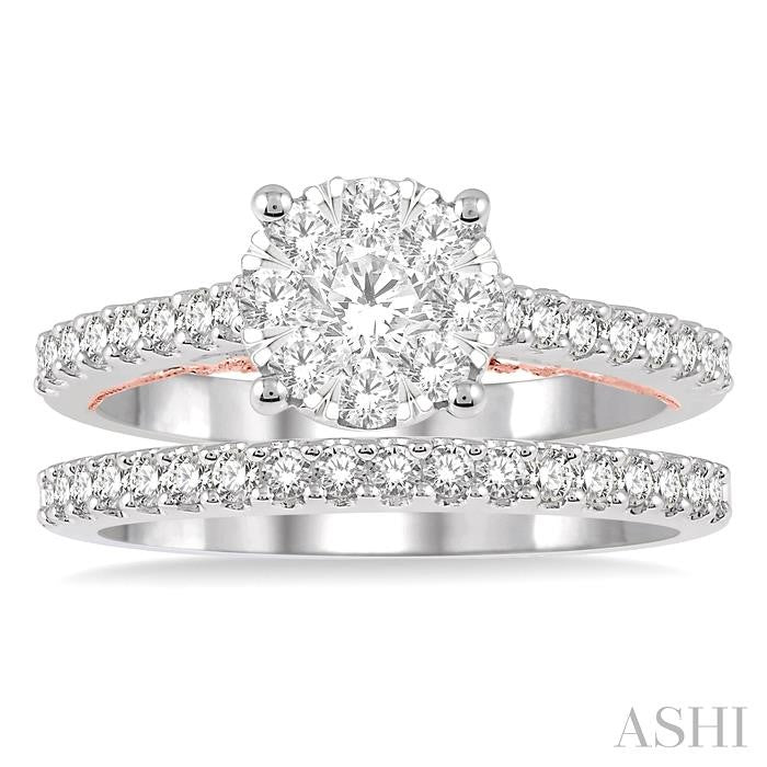 1 Ctw Lovebright Diamond Wedding Set in 14K With 3/4 Ctw Round Shape Engagement Ring in White and Rose Gold and 1/4 Ctw Wedding Band in White Gold