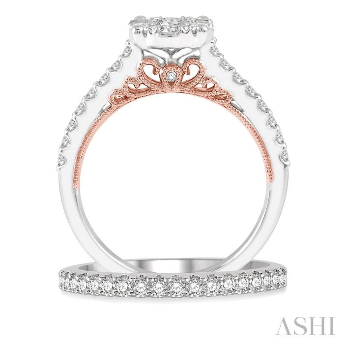 1 Ctw Lovebright Diamond Wedding Set in 14K With 3/4 Ctw Round Shape Engagement Ring in White and Rose Gold and 1/4 Ctw Wedding Band in White Gold